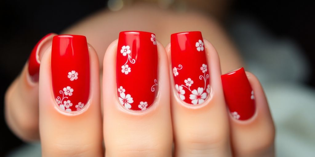 Elegant red nails with floral designs for a stylish look.