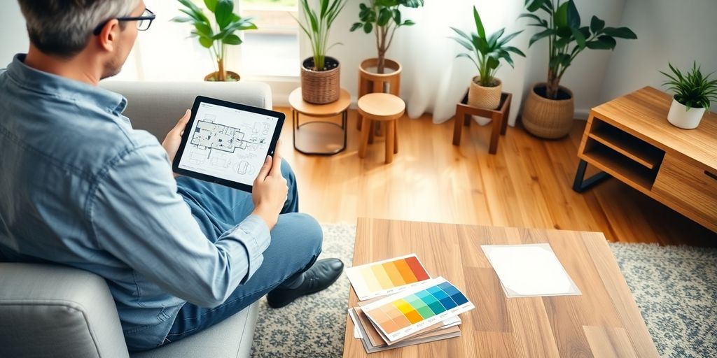 Homeowner using tablet with design samples in modern living room