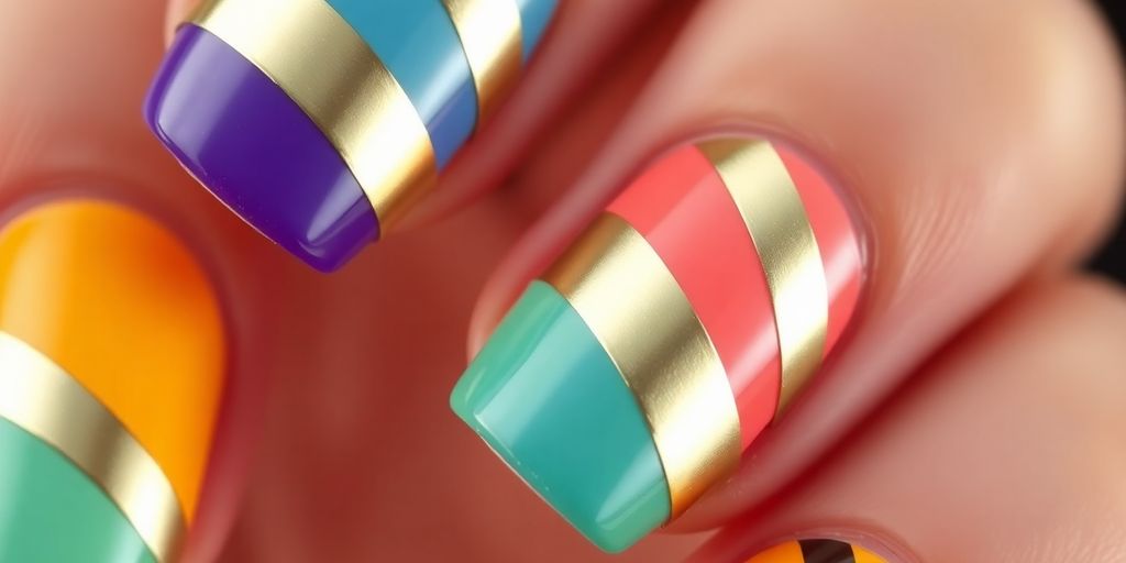 Unhas decoradas com fita metálica brilhante e elegante.