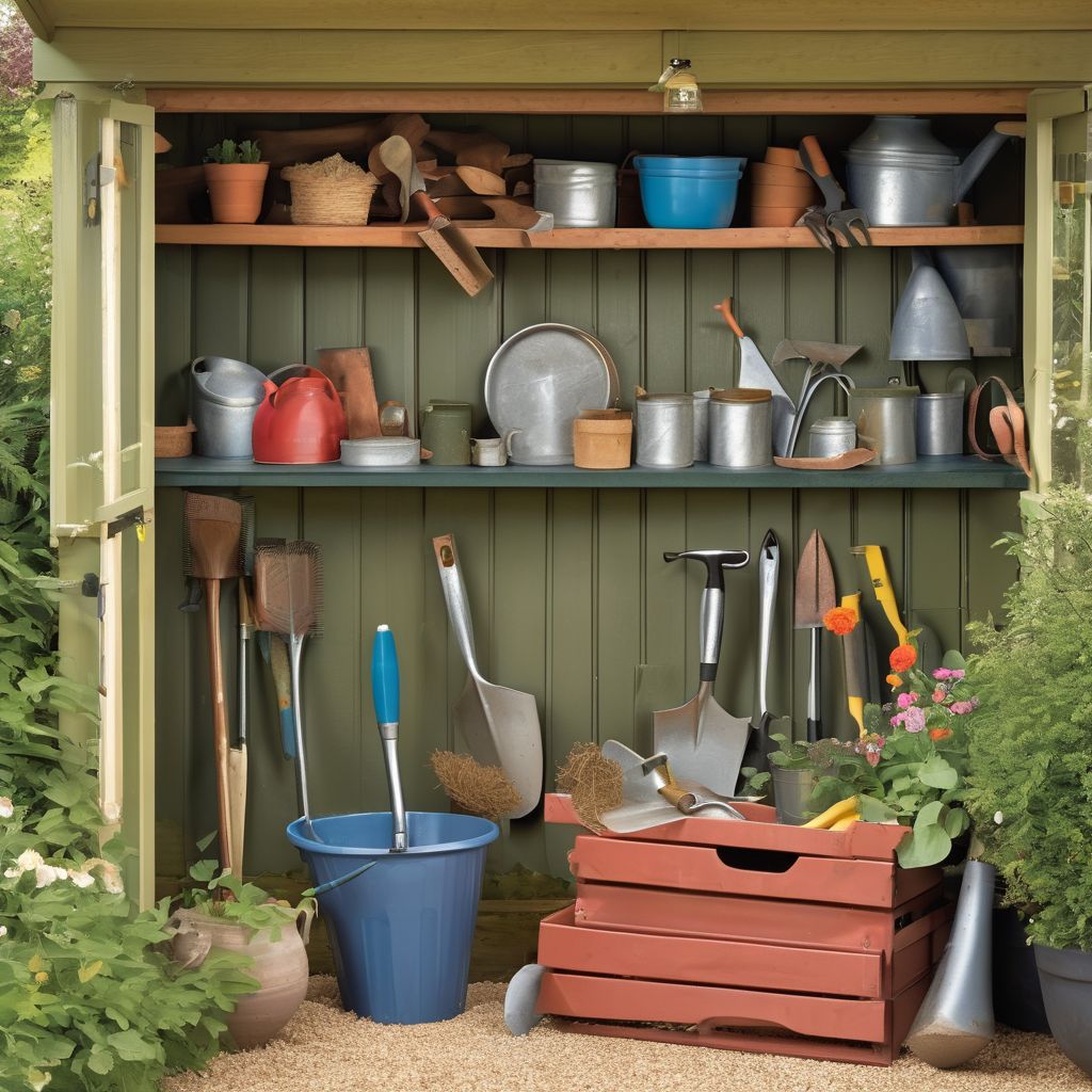 British garden shed with essential tools and a versatile hand trowel