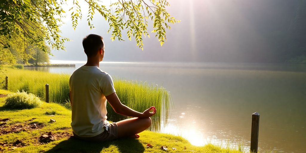 Person meditating by a calm lake in nature.