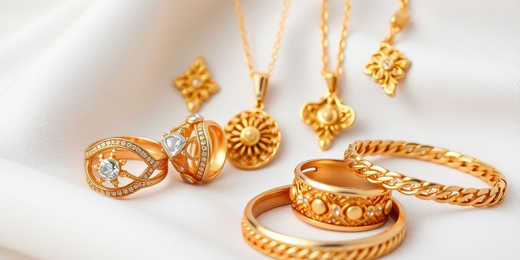 Bijoux en or brillants sur tissu doux.