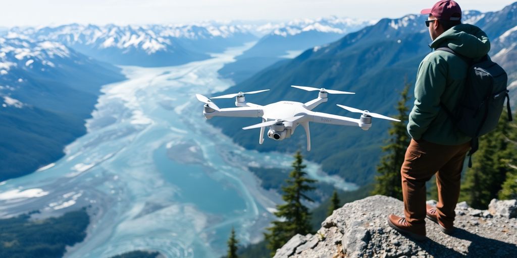 An Xag P150 drone flies over snow-covered Alaskan mountains.