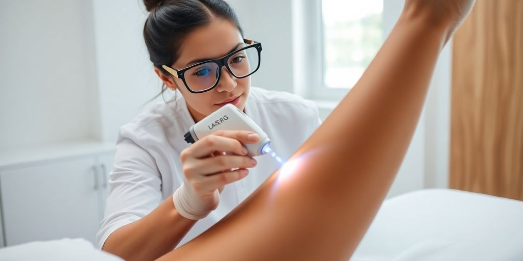 Technician applies Nd:YAG laser to client's darker skin in clinic