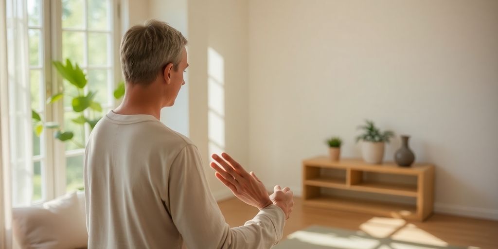 Person adjusting plants and light in a serene room.