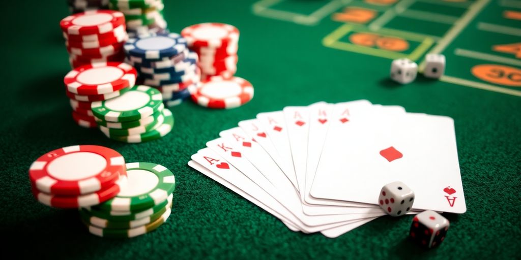 Table with casino chips, cards, and dice.