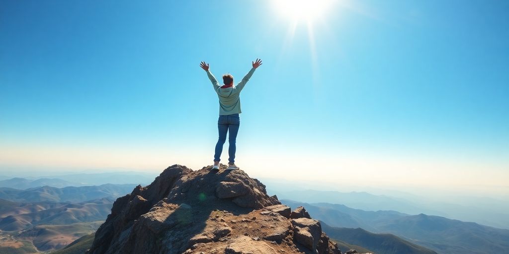 Person celebrating success on a mountaintop under a blue sky.