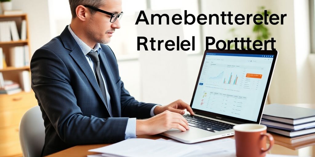 Broker working on a laptop in a bright office.