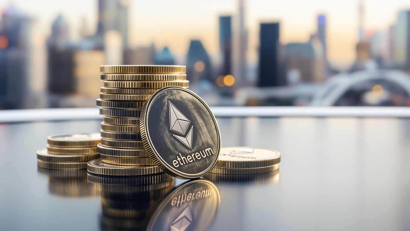 Ethereum coins on surface with city skyline backdrop
