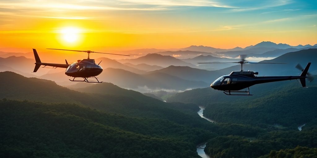 Helicopter soaring over misty Smoky Mountains at sunset.