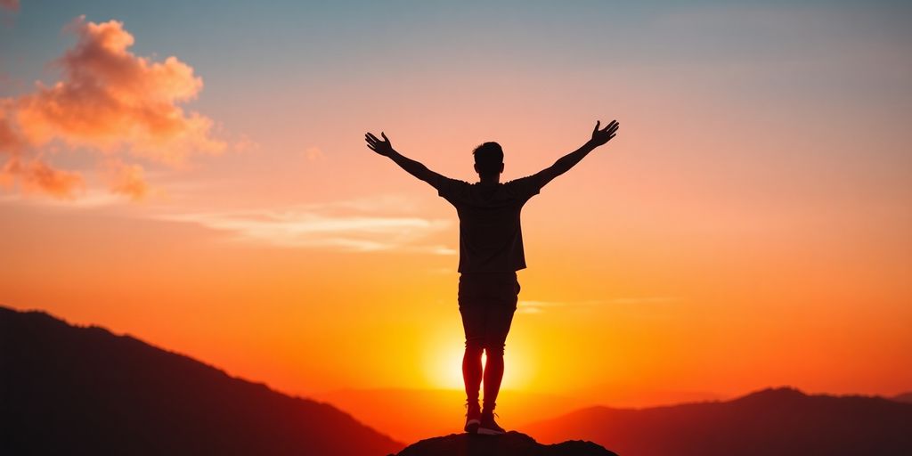 Person scaling mountain peak, reaching for sun.