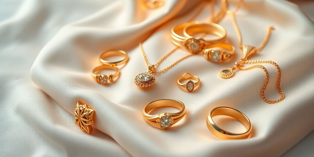 Bijoux en or élégamment exposés sur un tissu.