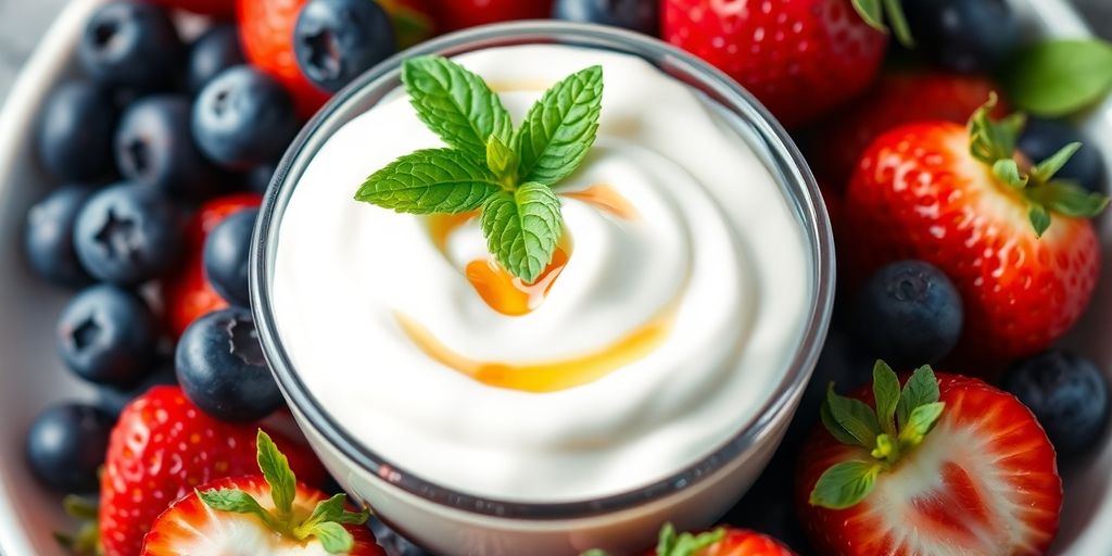 Bowl of yogurt topped with fruits and mint leaves.