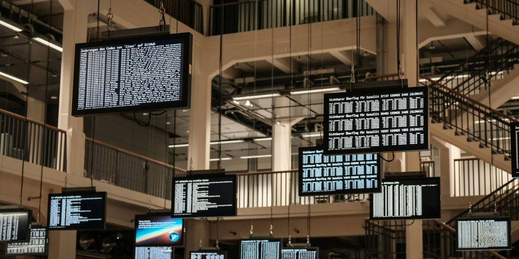 a bunch of television screens hanging from the ceiling