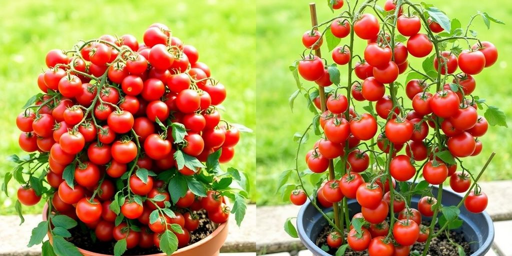 Buschtomate und Stabtomate in Kübeln mit roten Tomaten.