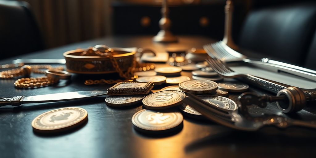 Bijoux, or, argenterie anciens sur table en bois.