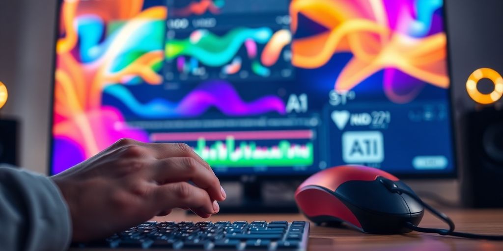 A woman creating AI video with computer.