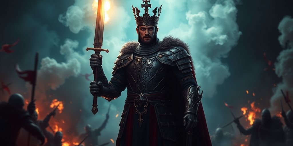 Herói com coroa e espada num campo de batalha