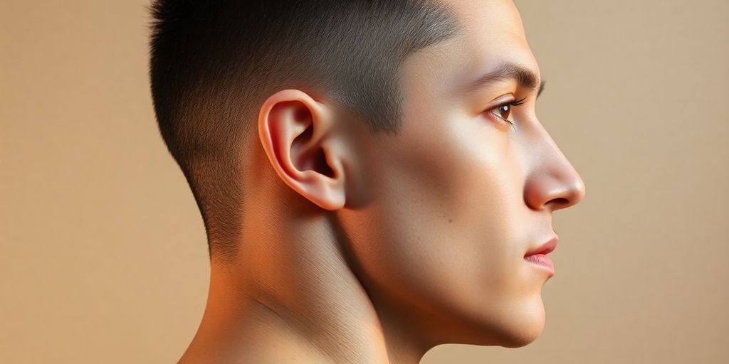 Man with minimalist, clean haircut, soft lighting, neutral background.