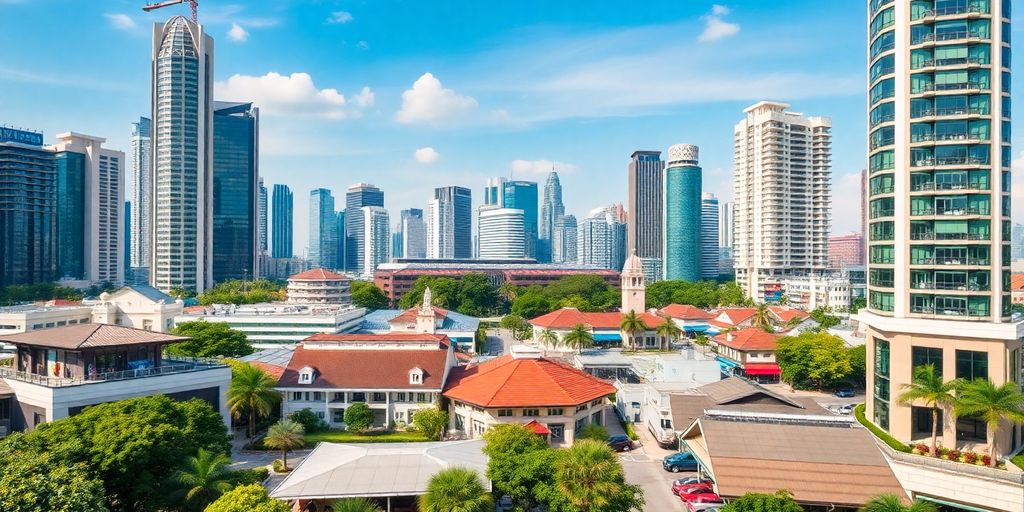 Vibrant Singapore neighbourhood with modern buildings and greenery.