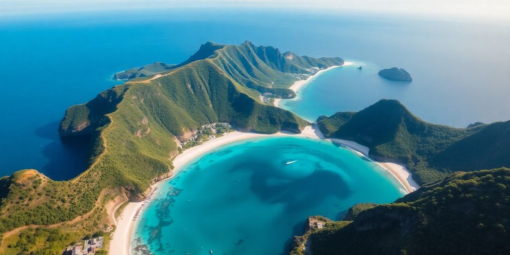 Aerial view of Komodo Island with lush greenery and beach.