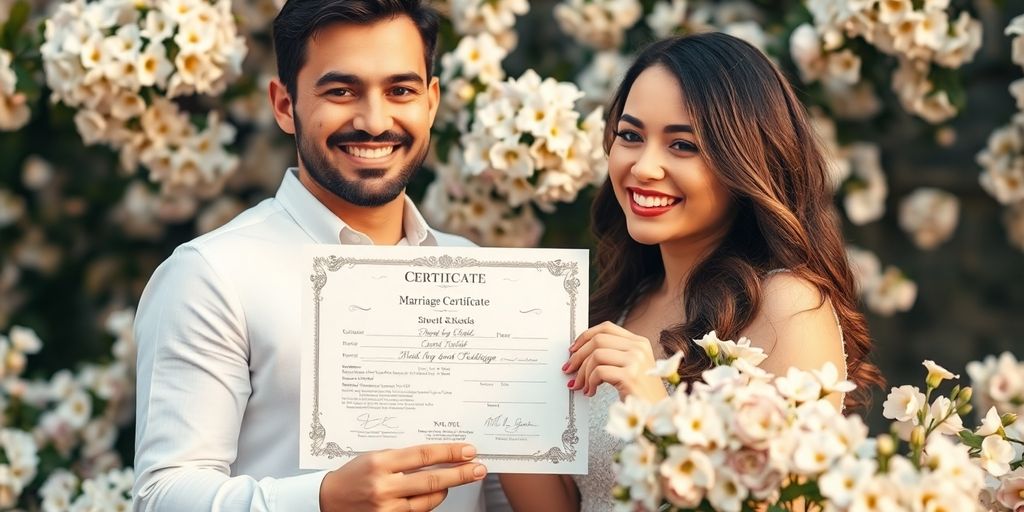 Couple holding a marriage certificate with flowers around.