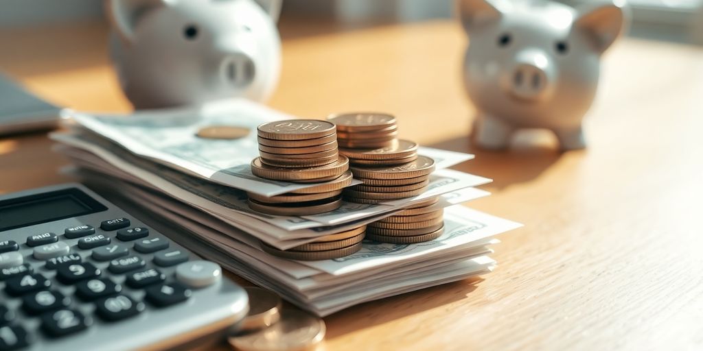Coins, bills, calculator, and a piggy bank.