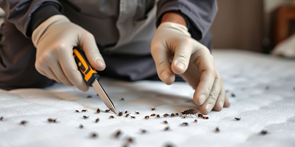Pest control expert inspecting mattress for bed bugs.