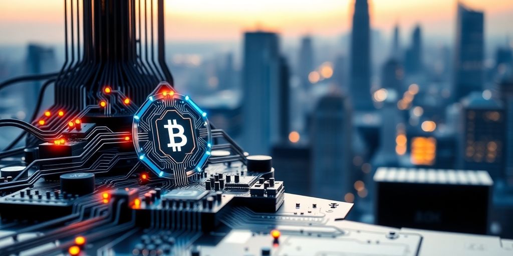 Futuristic blockchain technology with glowing circuits and skyline.