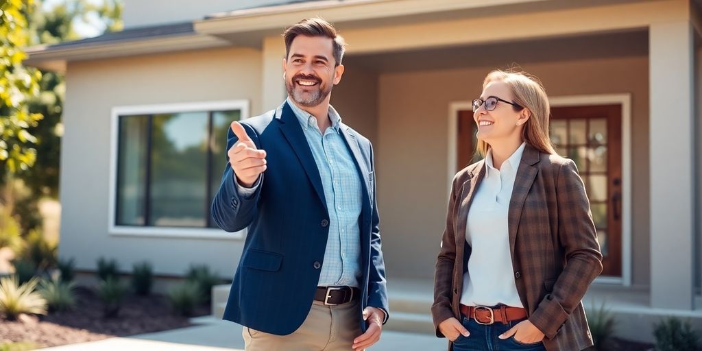 Agent and homebuyer smiling, shaking hands.