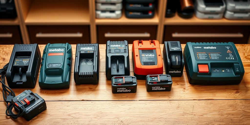 Verschiedene Metabo Ladegeräte und Akkus auf Holztisch