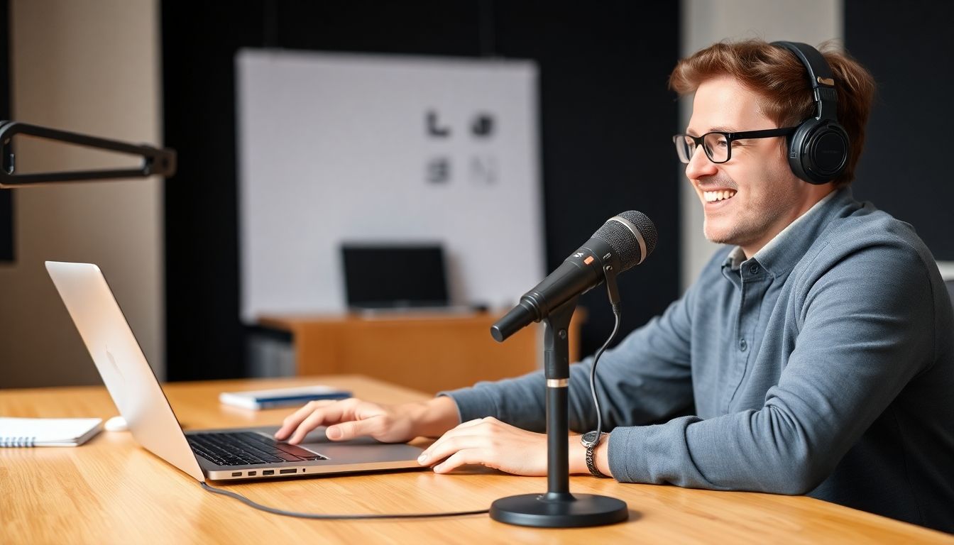 A person happily working on a laptop while a podcast microphone sits nearby.