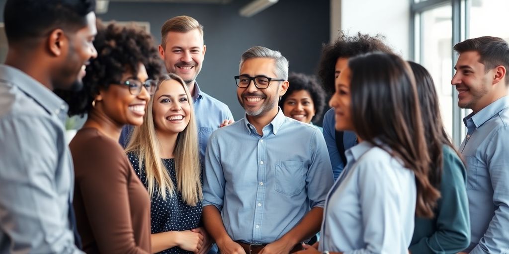 Diverse team collaborating in a modern office environment.