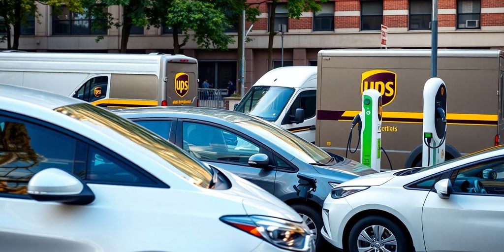 Urban street with UPS trucks and EV charging stations.