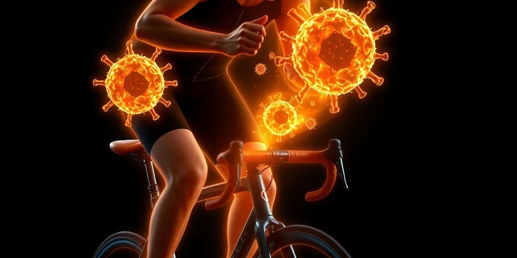 Cyclist's body with glowing immune cells.