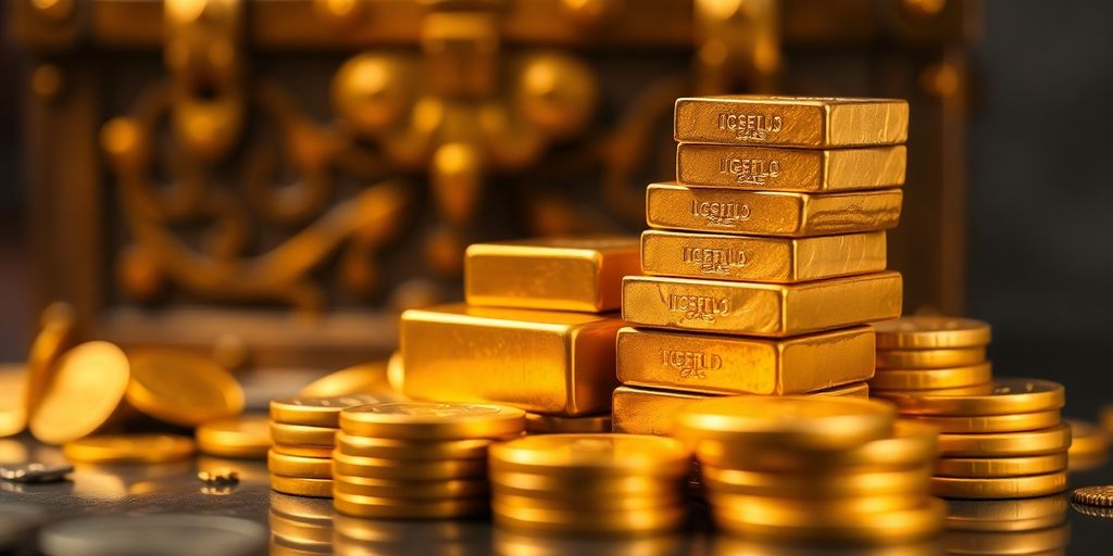 Barettes et pièces d'or empilées dans un coffre.
