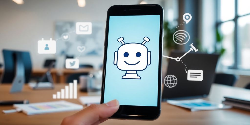 Smartphone displaying chatbot in a modern workspace.