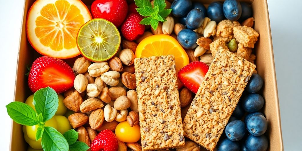 กล่องขนมสุขภาพที่มีผลไม้และถั่วสดใส