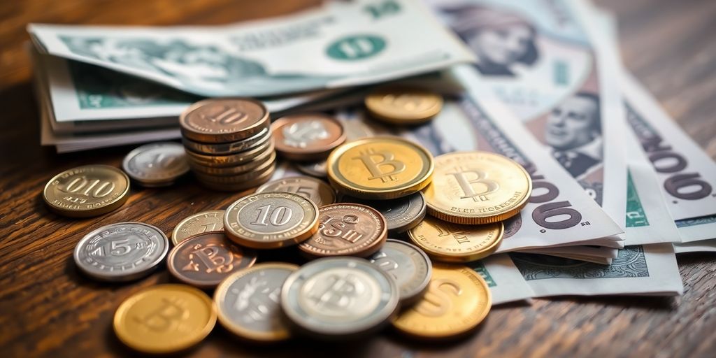 Moedas e notas organizadas sobre uma mesa de madeira.