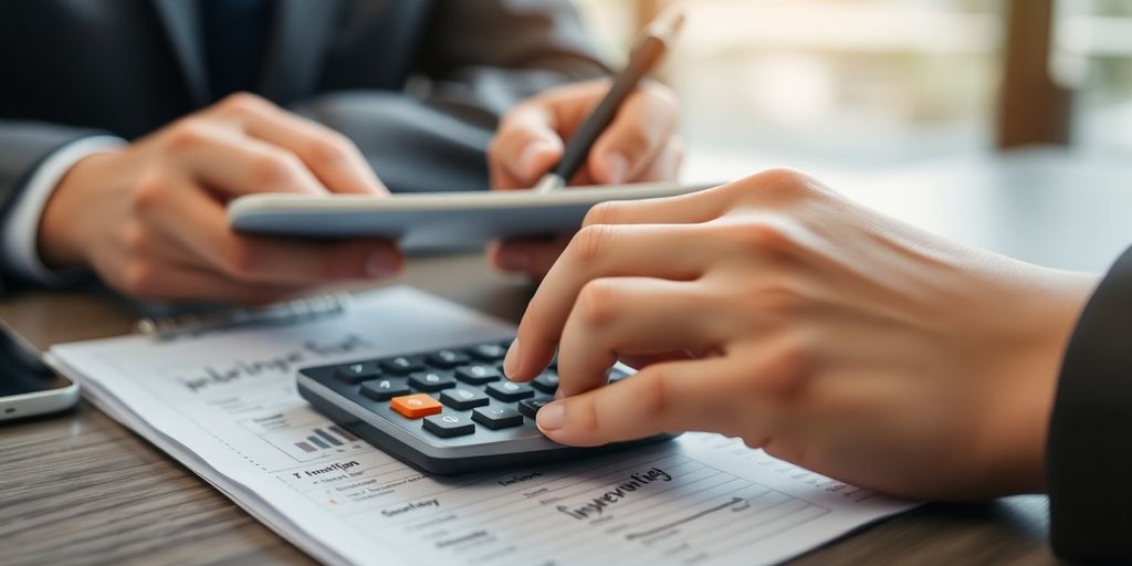 Business professional examining investment options with calculator.