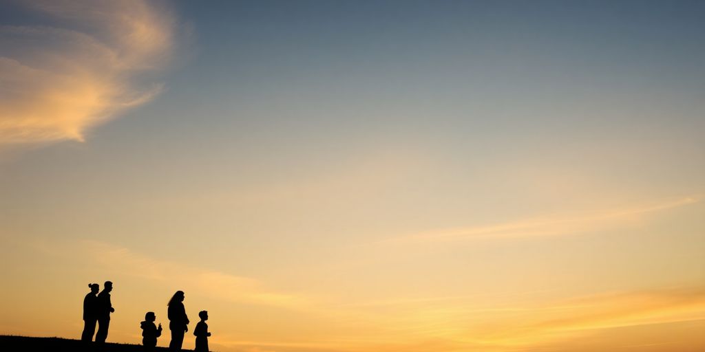 Silhouettes of people in a peaceful landscape at dawn.