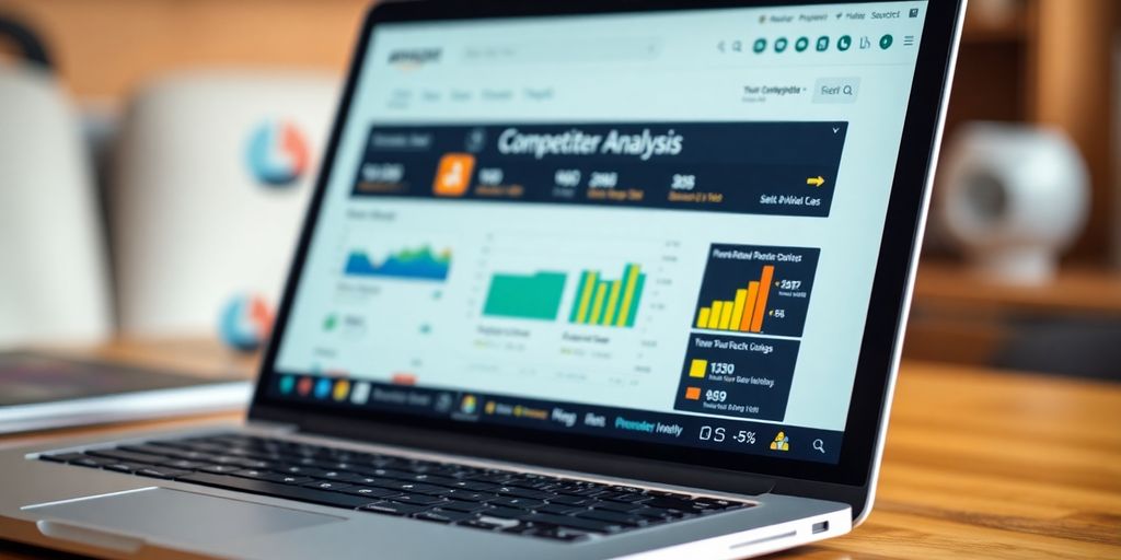 Laptop with competitor analysis tool interface and colorful charts.
