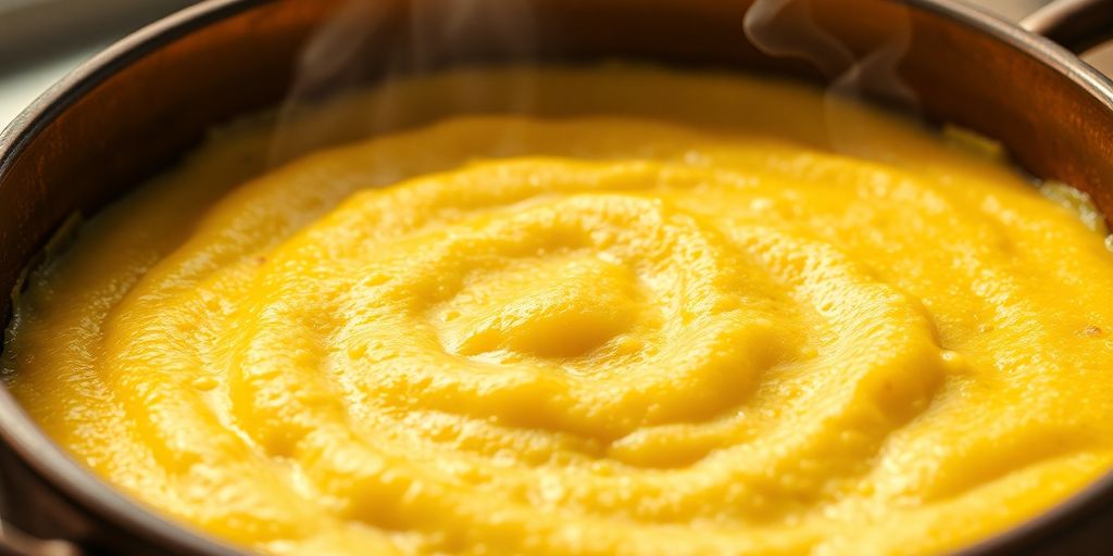 Polenta ticinese cremosa fumante in ciotola di rame.