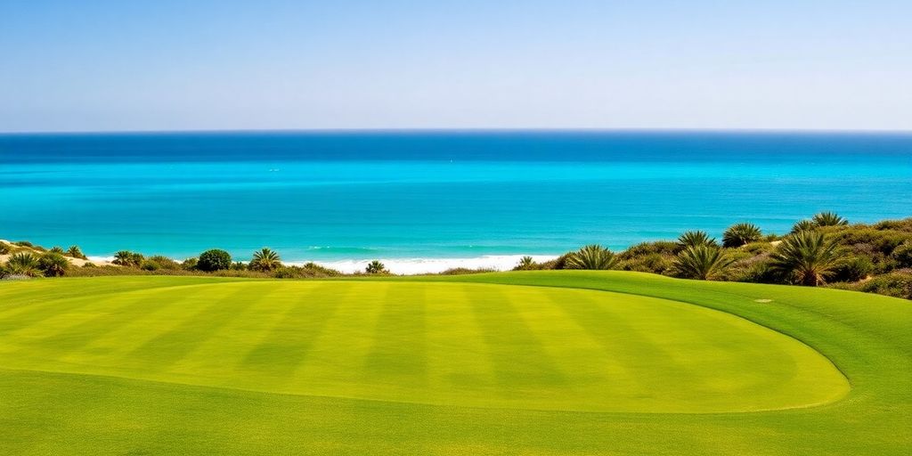 Pristine green golf fairway with ocean backdrop.