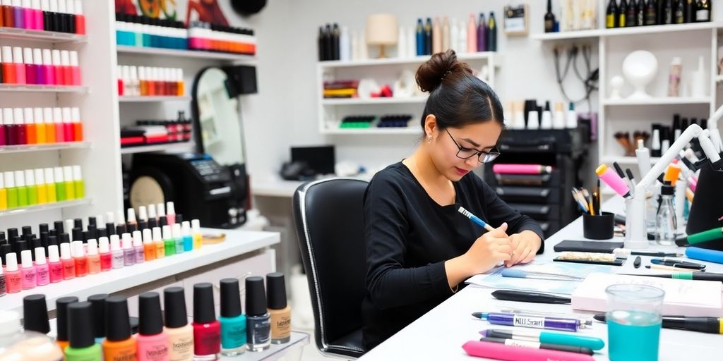 Estúdio de design de unhas colorido e bem organizado.