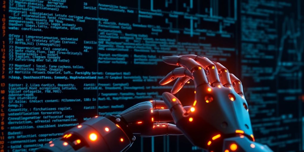 Robotic hand interacting with glowing code.