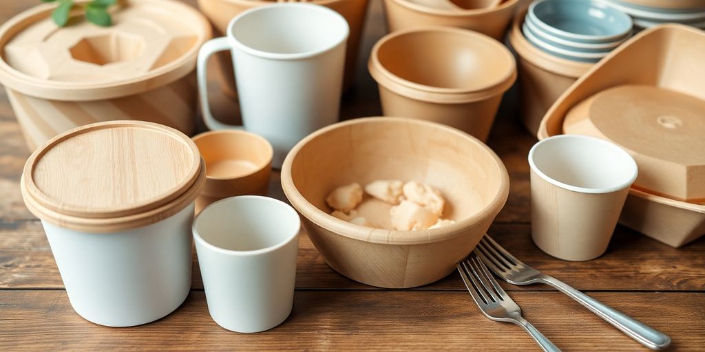 Café takeaway containers made from plant materials.
