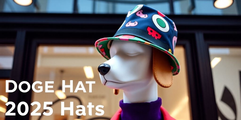 Colorful doge hat on mannequin in trendy urban setting.