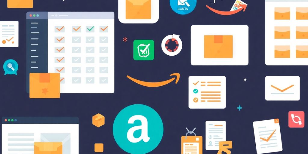 Colorful icons of inventory management tools and software interfaces.