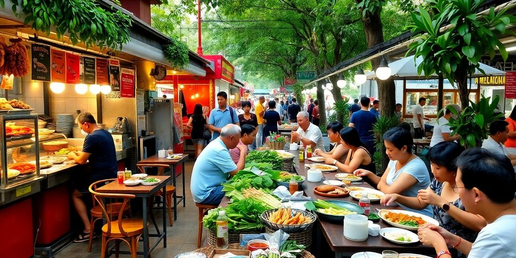 Colourful street food scene in Singapore's hawker centre.